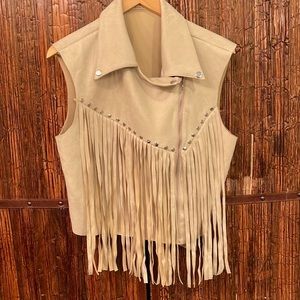 Shein Fringe Trim Zip Up Studded Detail Suede Vest
